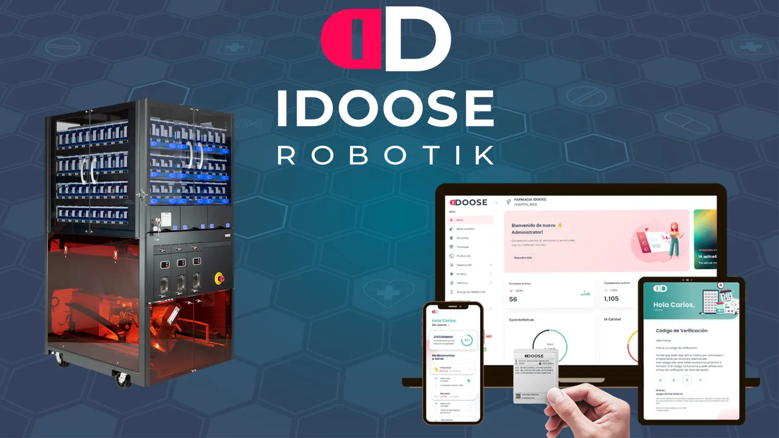 Robot Idoose preparando bolsitas individuales de medicación en Farmacia Alemán, Murcia