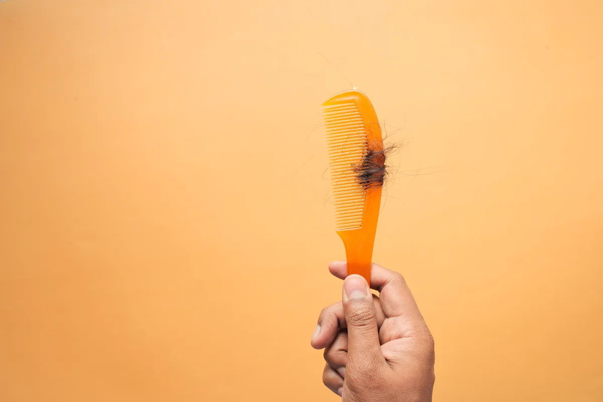 Peine sujetado con la mano, con un mechón de cabello enredado en las púas, sobre fondo en tonos otoñales