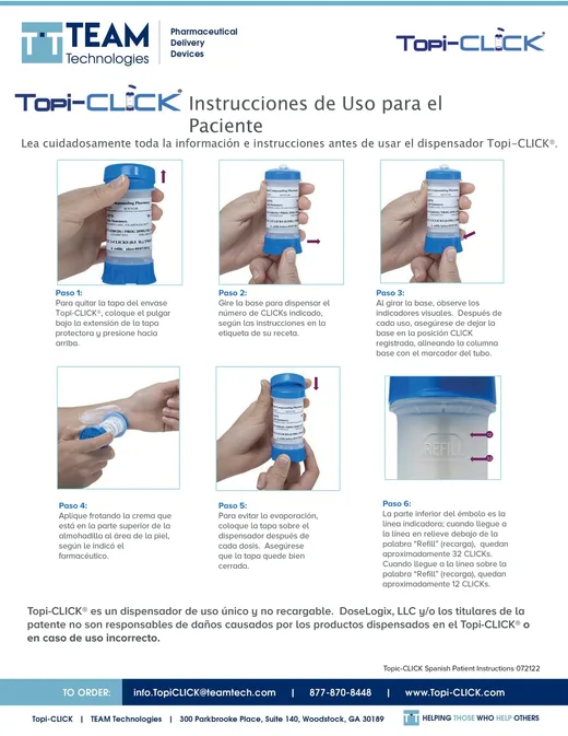Hoja de instrucciones de uso del dispensador Topi-CLICK: quitar la tapa, girar la base los clics indicados, alinear la base, aplicar con la almohadilla, tapar y controlar la línea Refill
